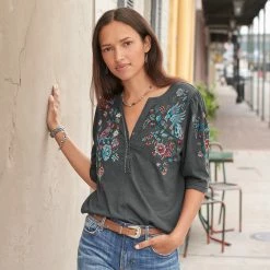 Avril Embroidered Henley, Petite -Sundance Sales 72477e10 a341 4a1e 9f34 4e4d4c963272